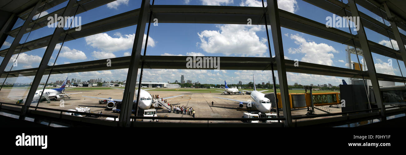 Interior of the national airport in Buenos Aires with airplanes on the tarmac. Stock Photo