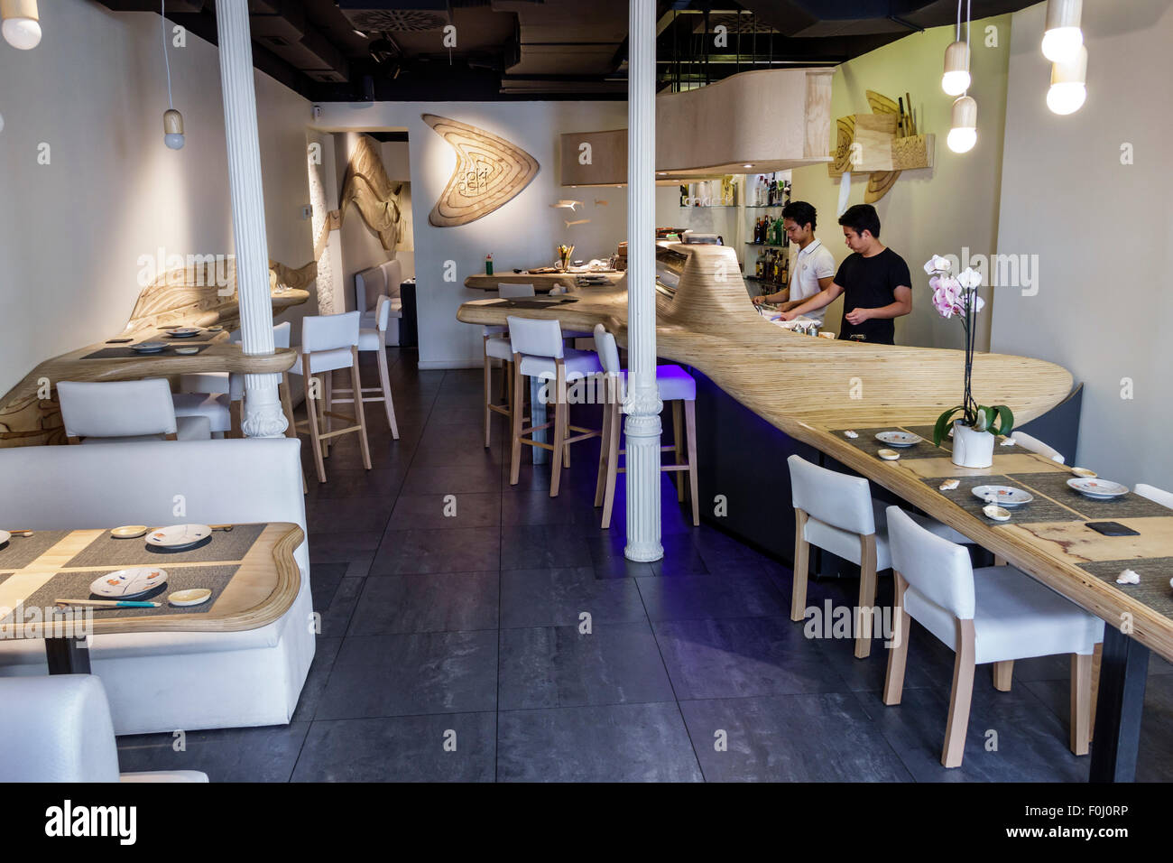 Madrid Spain,Hispanic Salamanca,Recoletos,Doki Doki,restaurant restaurants food dining cafe cafes,Japanese cuisine,dining,sushi chef,interior inside,t Stock Photo