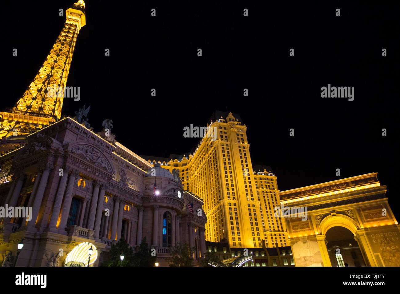 The Paris Casino Hotel at Night with Gordon Ramsay, the famous English Cook restaurant in Las Vegas, Unites States. Stock Photo