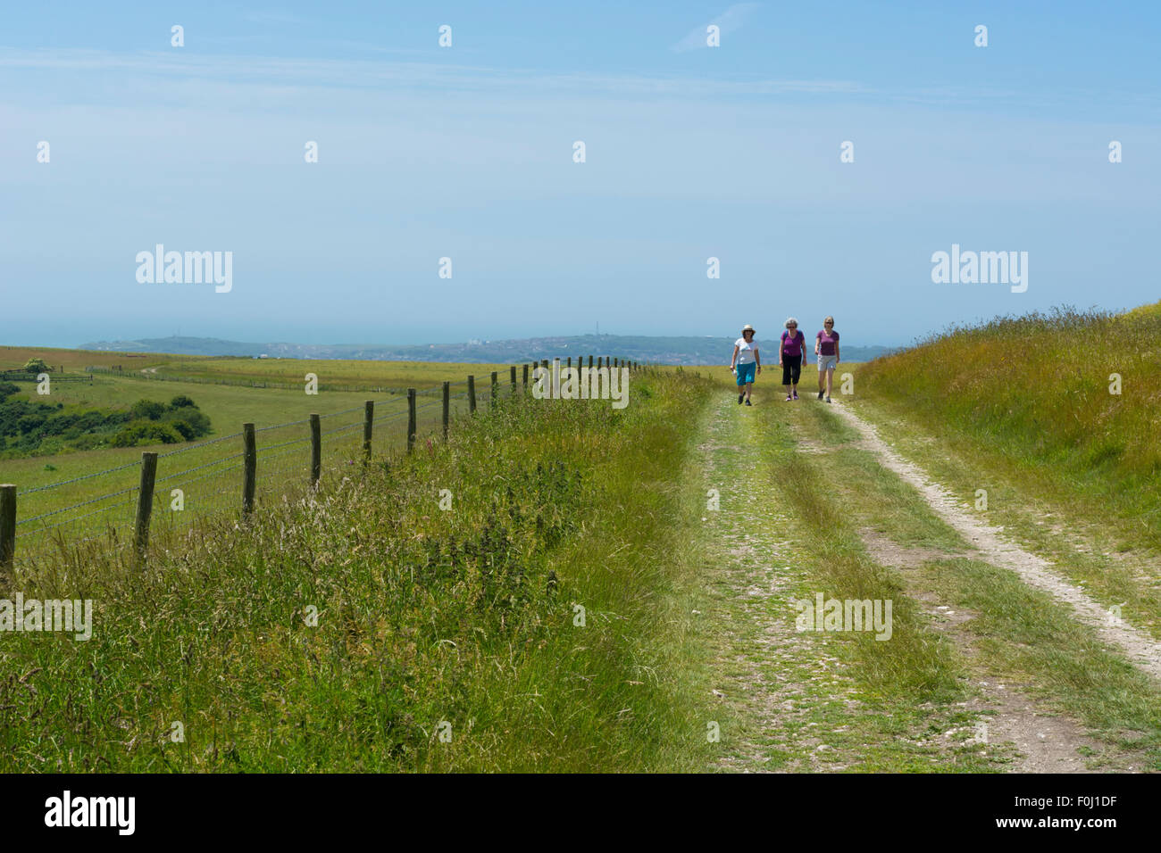 A group of hikers walking on the South Downs way in the South Downs National Park Stock Photo