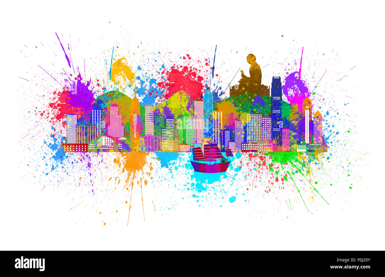 Hong Kong City Skyline and Big Buddha Statue Panorama Paint Splatter Color Isolated on White Background Illustration Stock Photo