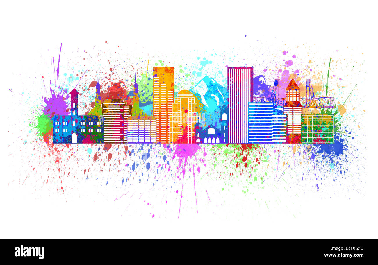 Portland Oregon Outline Silhouette with City Skyline Downtown Panorama Paint Splatter Color Isolated on White Background Illustr Stock Photo