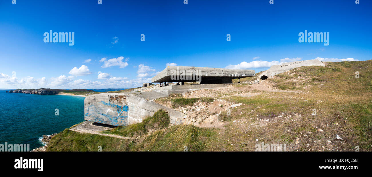 Panorama of a German bunker from the Second World War and the Atlantic Ocean. At the the Pointe de Pen Hir in Brittany. France. Stock Photo