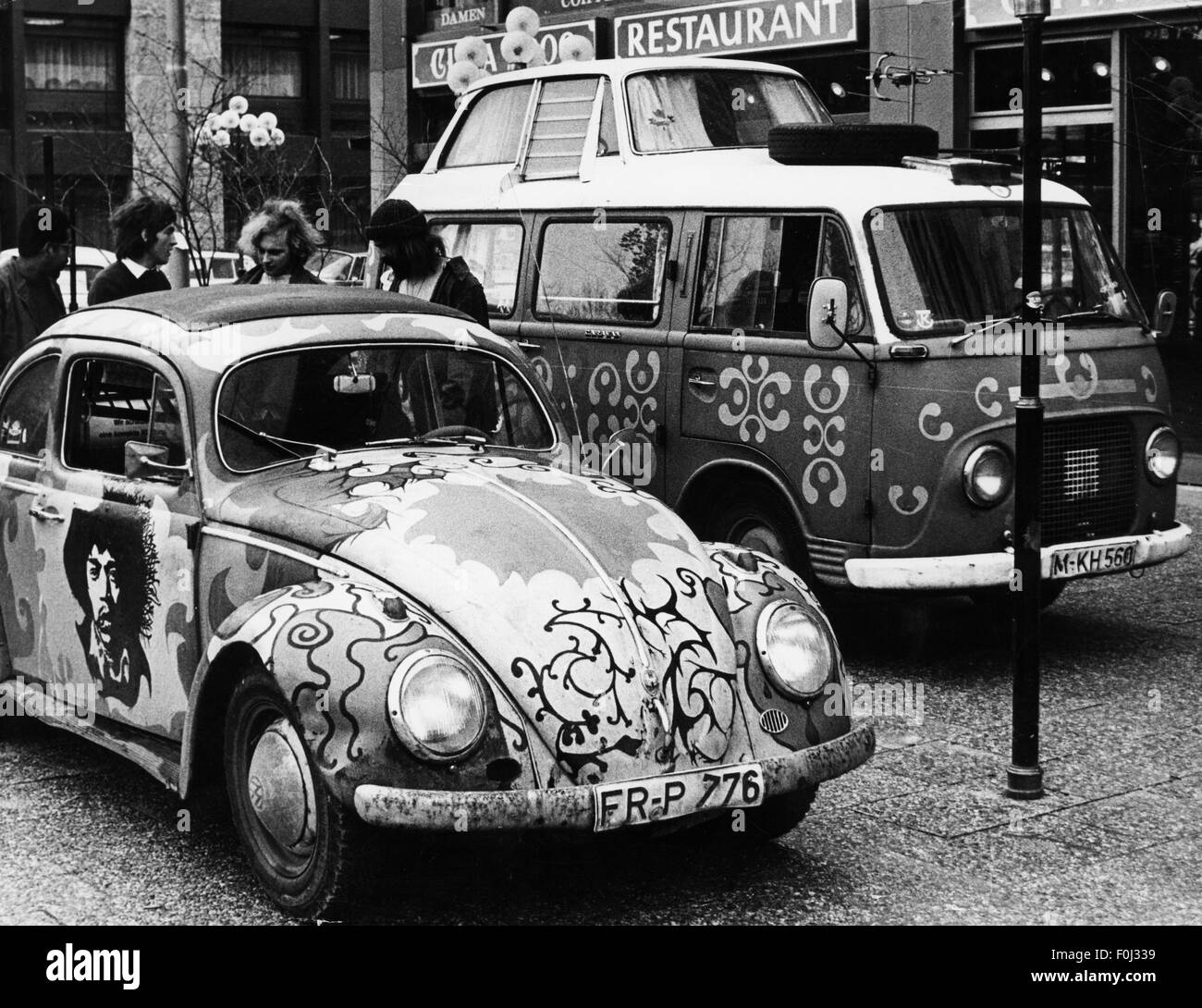 transport / transportation, car, vehicle variants, Volkswagen, painted VW beetle and Ford Taunus Transit in front of Citta 2000, Leopoldstrasse), Munich, late 1960s / early 1970s, Additional-Rights-Clearences-Not Available Stock Photo