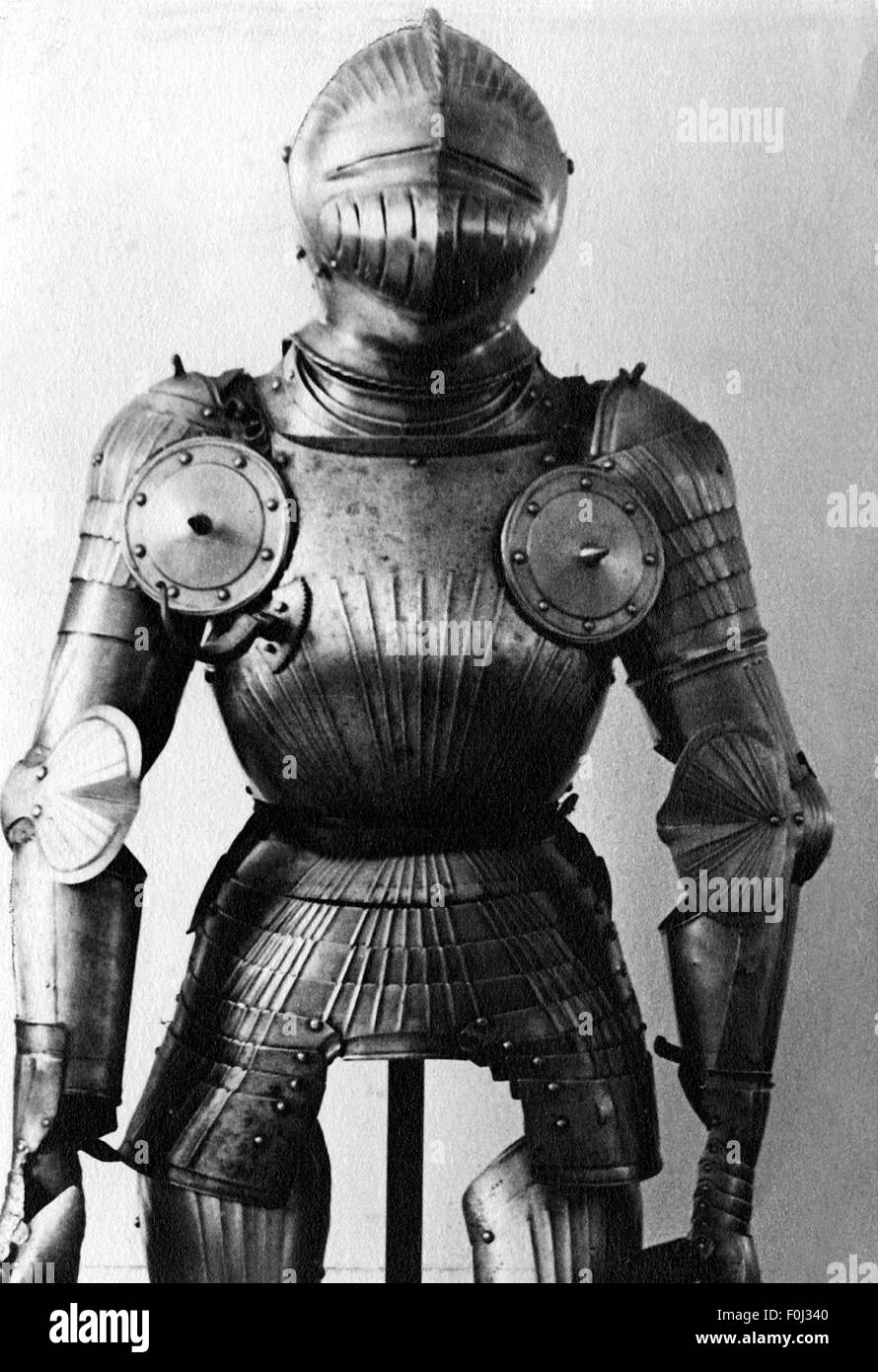 military, Middle Ages, knight's armour, historic, historical, medieval times, harness, defensive arms, helmet, metal, plating, armour-plating, armour, armor, reactive armour, NOT, Additional-Rights-Clearences-Not Available Stock Photo