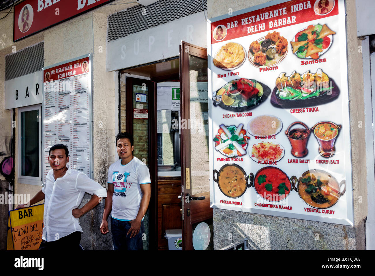 Madrid Spain,Europe,Spanish,Hispanic Latin Latino ethnic immigrant immigrants minority,Centro,Lavapias,Calle Argumosa,Bar Restaurante India Delhi Darb Stock Photo