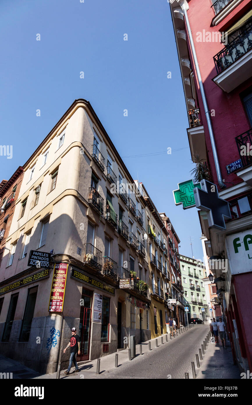 Madrid Spain,Hispanic Centro,Lavapias,Calle de la Fe,city skyline,buildings,narrow street,Spain150628225 Stock Photo