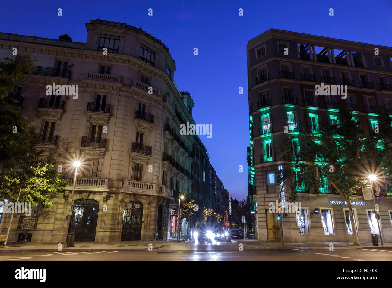 Madrid Spain,Hispanic Recoletos,Salamanca,Calle de Alcala,Plaza de la Independencia,dusk,night evening,Spain150628269 Stock Photo