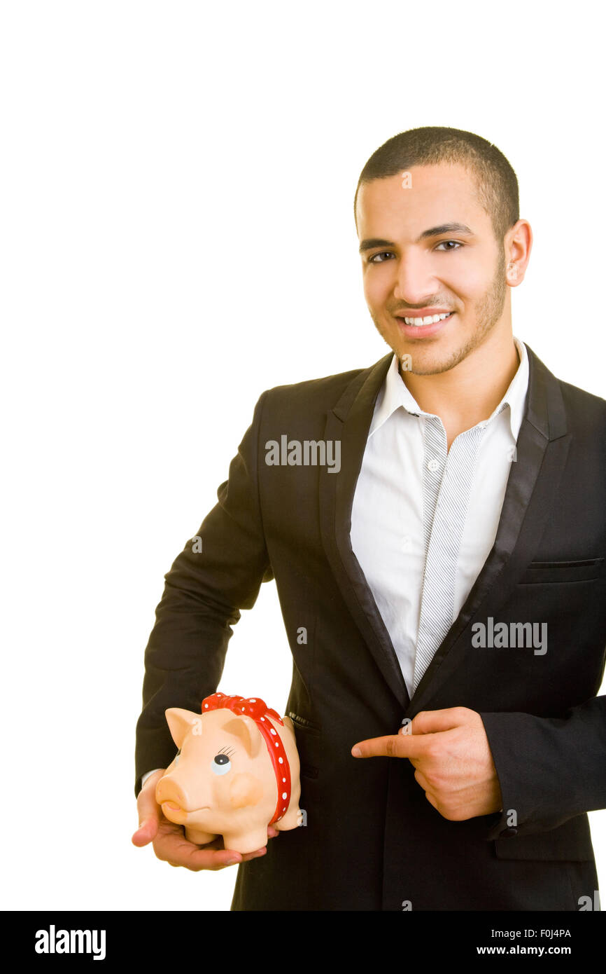 Happy business man carrying a piggy bank Stock Photo - Alamy