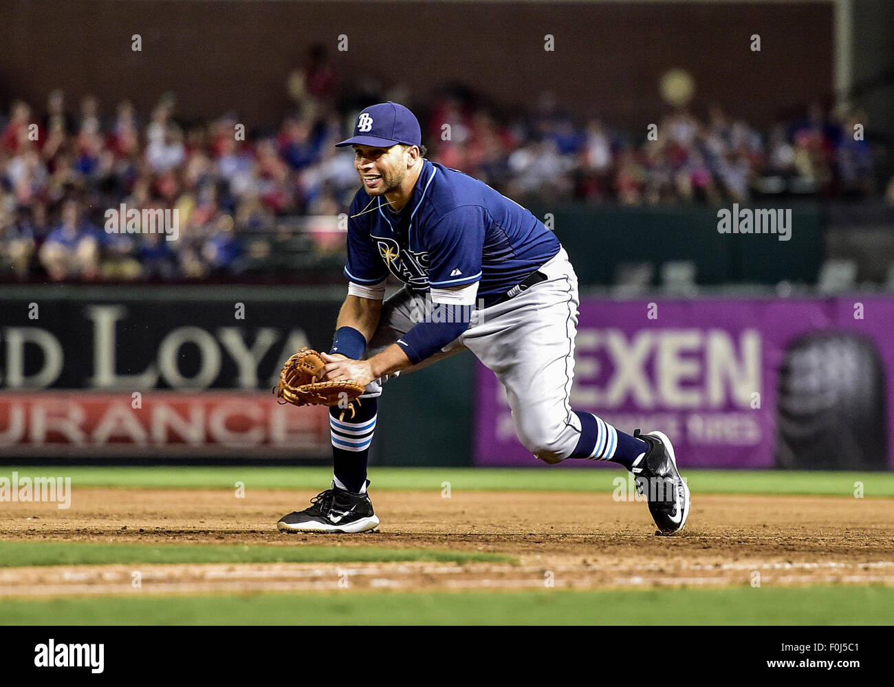 Arlington, Texas, USA. 15th August, 2015. Tampa Bay Rays first baseman James Loney (21) fields a