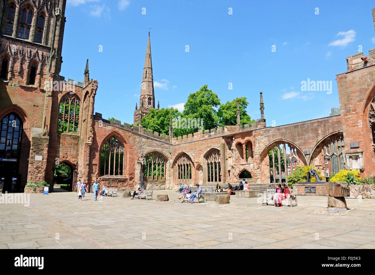 View inside the old Cathedral ruin with the Holy Trinity Church spire