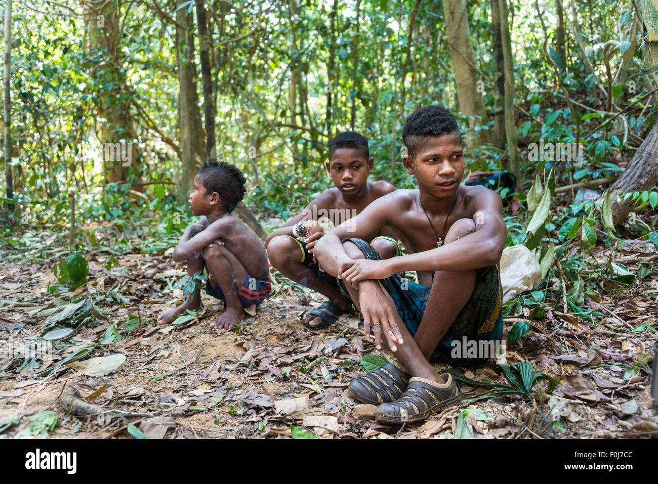 Three boys of the Orang Asil tribe sitting on the ground in the jungle, native, indigenous Volk, tropical rain forest Stock Photo