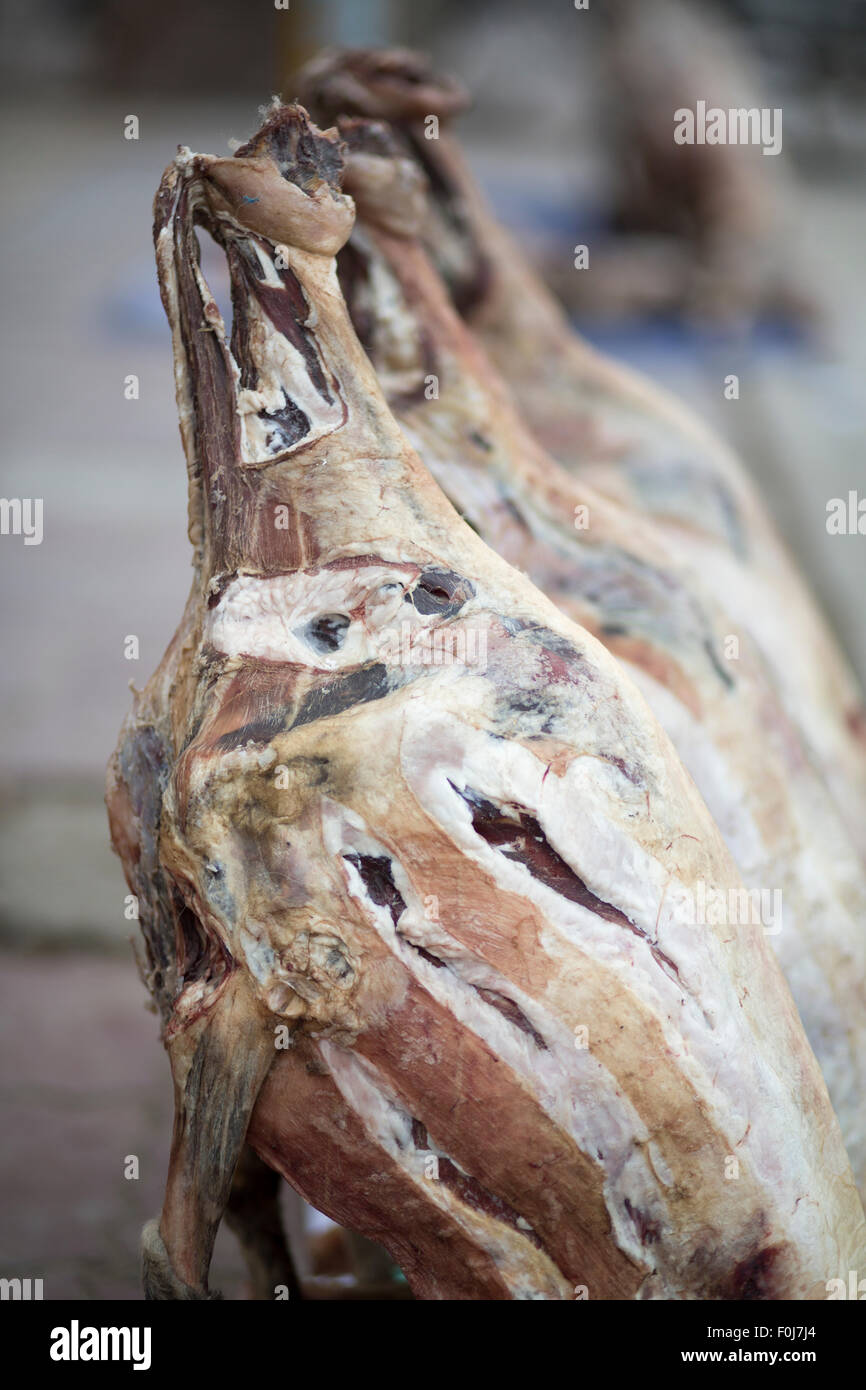 Drying Yak-meat in a market in Tibet Stock Photo