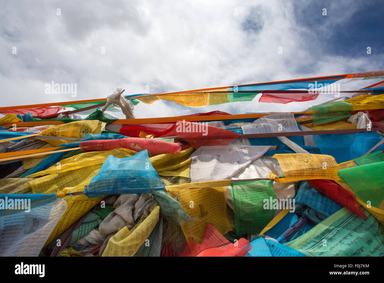 Colored Pray flags in Tibet on the Friendship highway. Stock Photo