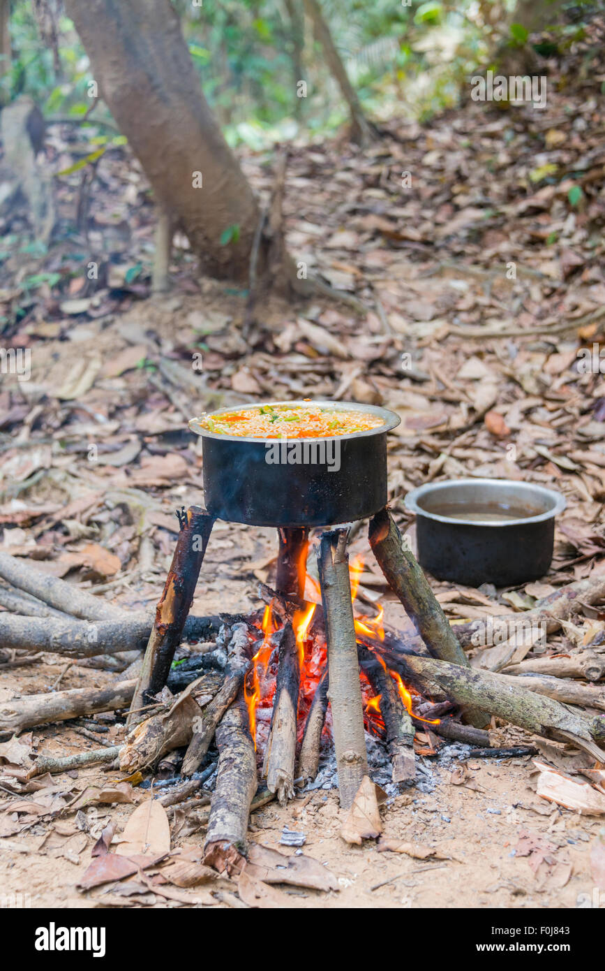 Pot Of Food On A Campfire In The Jungle Tropical Rain Forest Taman Negara Malaysia Stock Photo Alamy