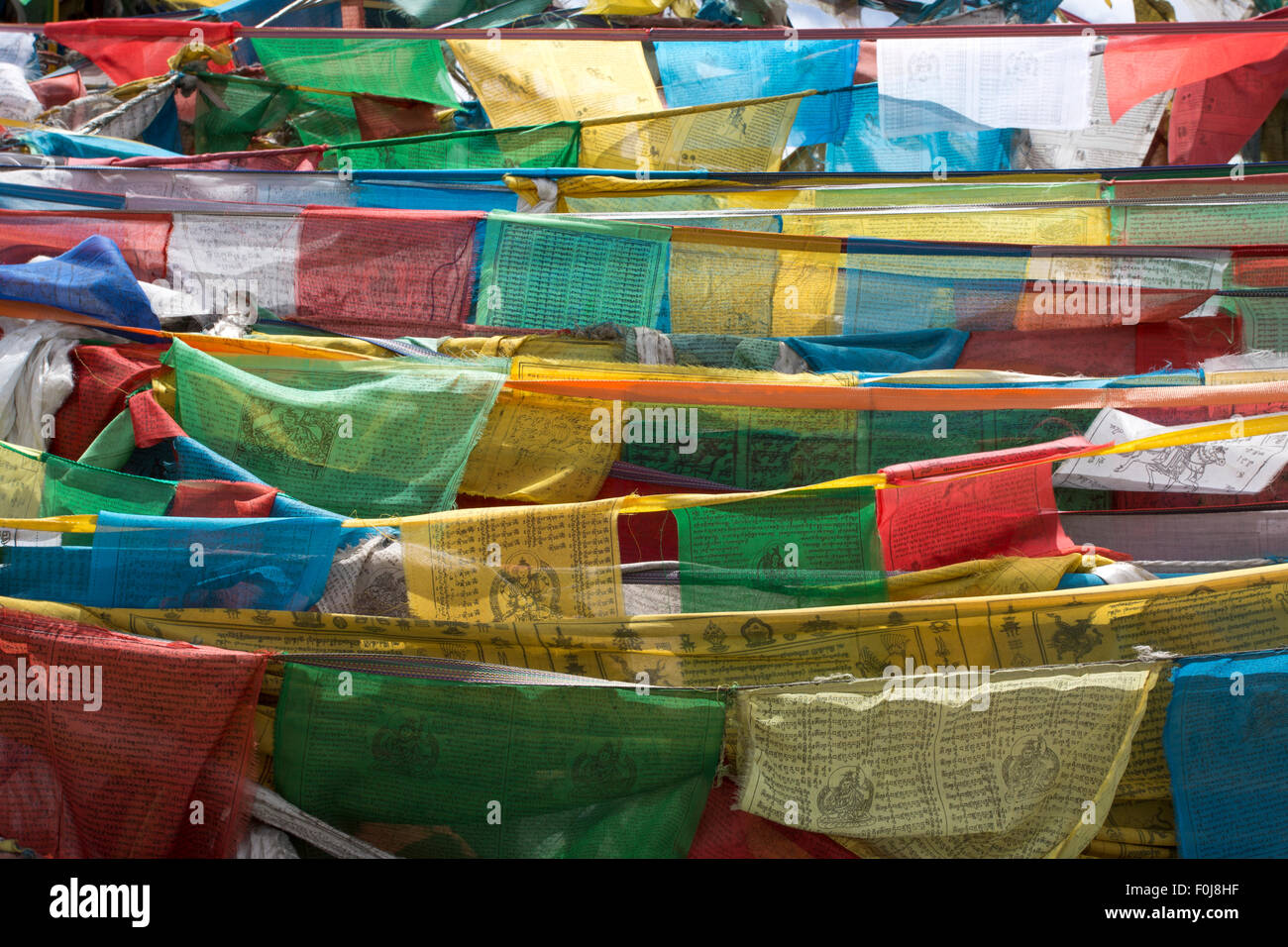 Colored Pray flags in Tibet on the Friendship highway. Stock Photo