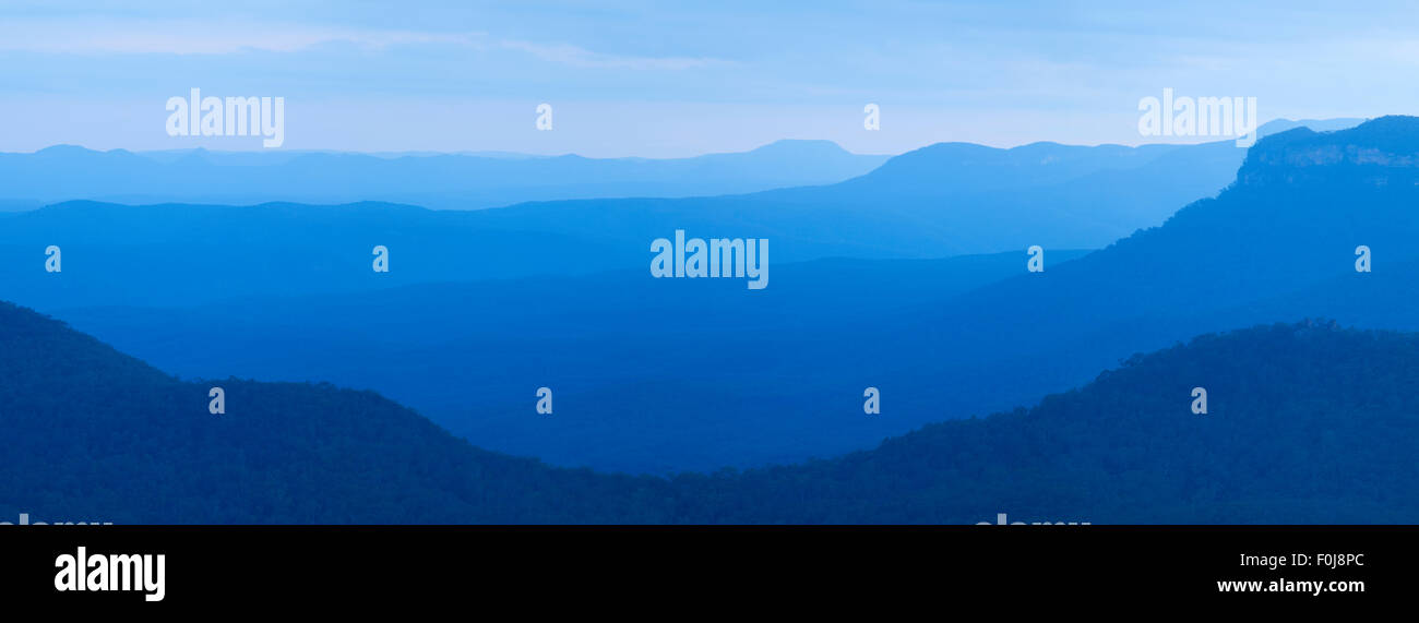 Layers of mountains in the Blue Mountains in New South Wales, Australia. Stock Photo
