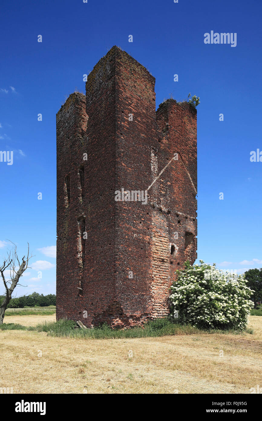 Ruine vom Burgturm der ehemaligen Wasserburg Haus Langendonk in Aengenesch, Geldern-Kapellen, Niederrhein, Nordrhein-Westfalen Stock Photo