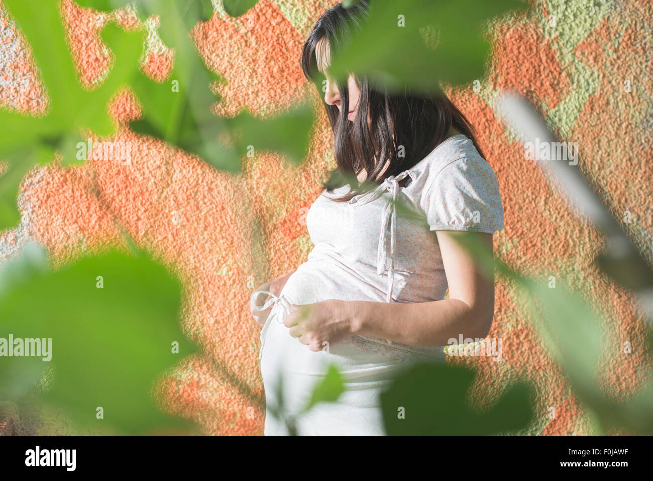 Pregnant women in front of orange wall. White dress Stock Photo