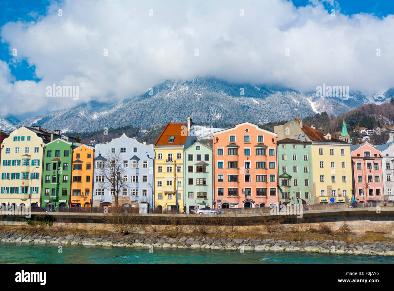 Residential houses, Inn riverside, Mariahilf district, Innsbruck, Inn Valley, Tyrol, Austria Stock Photo