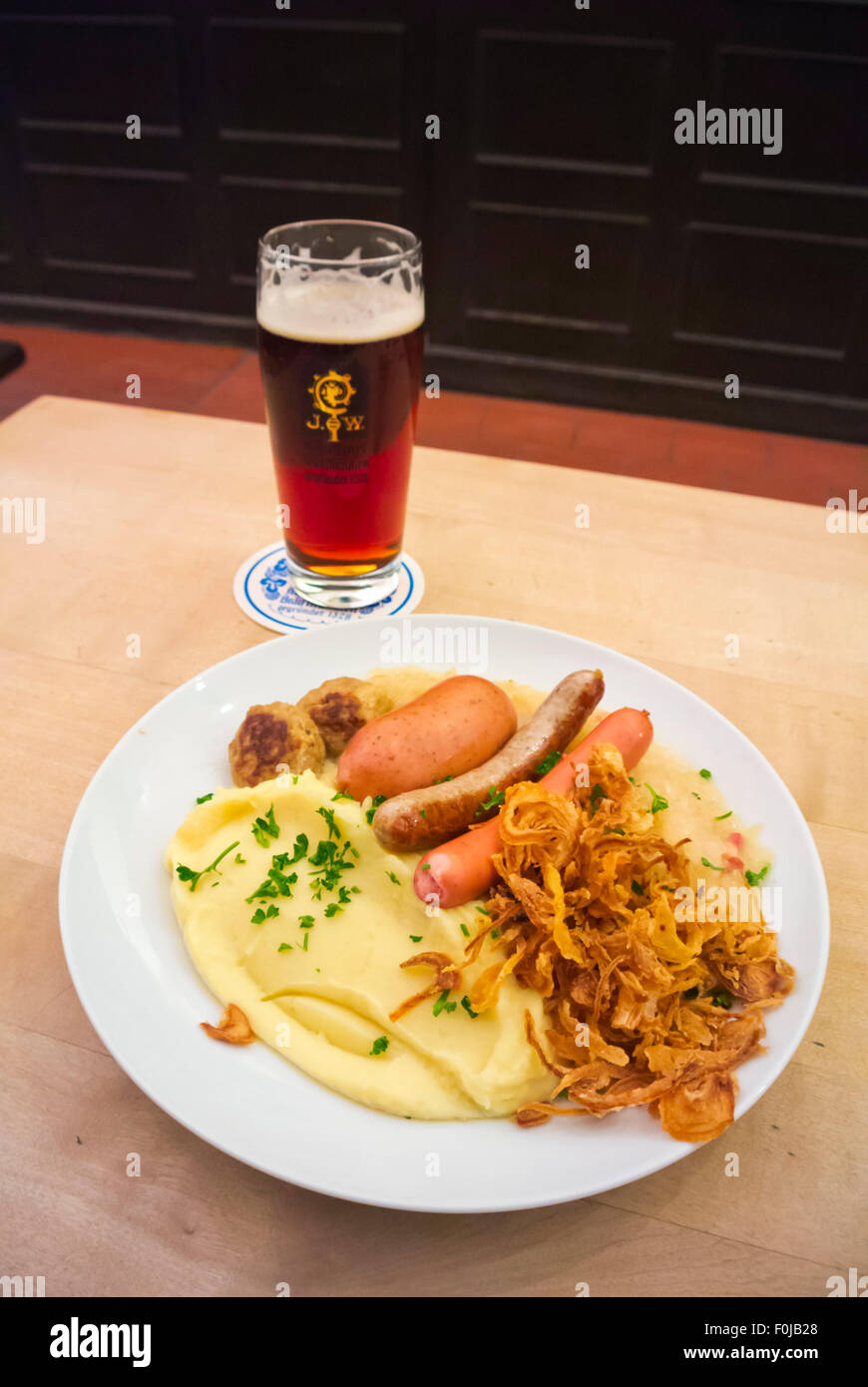Bavarian sausage and meat plate, with mashed potato and sauerkraut, Zum Augustiner beer hall
