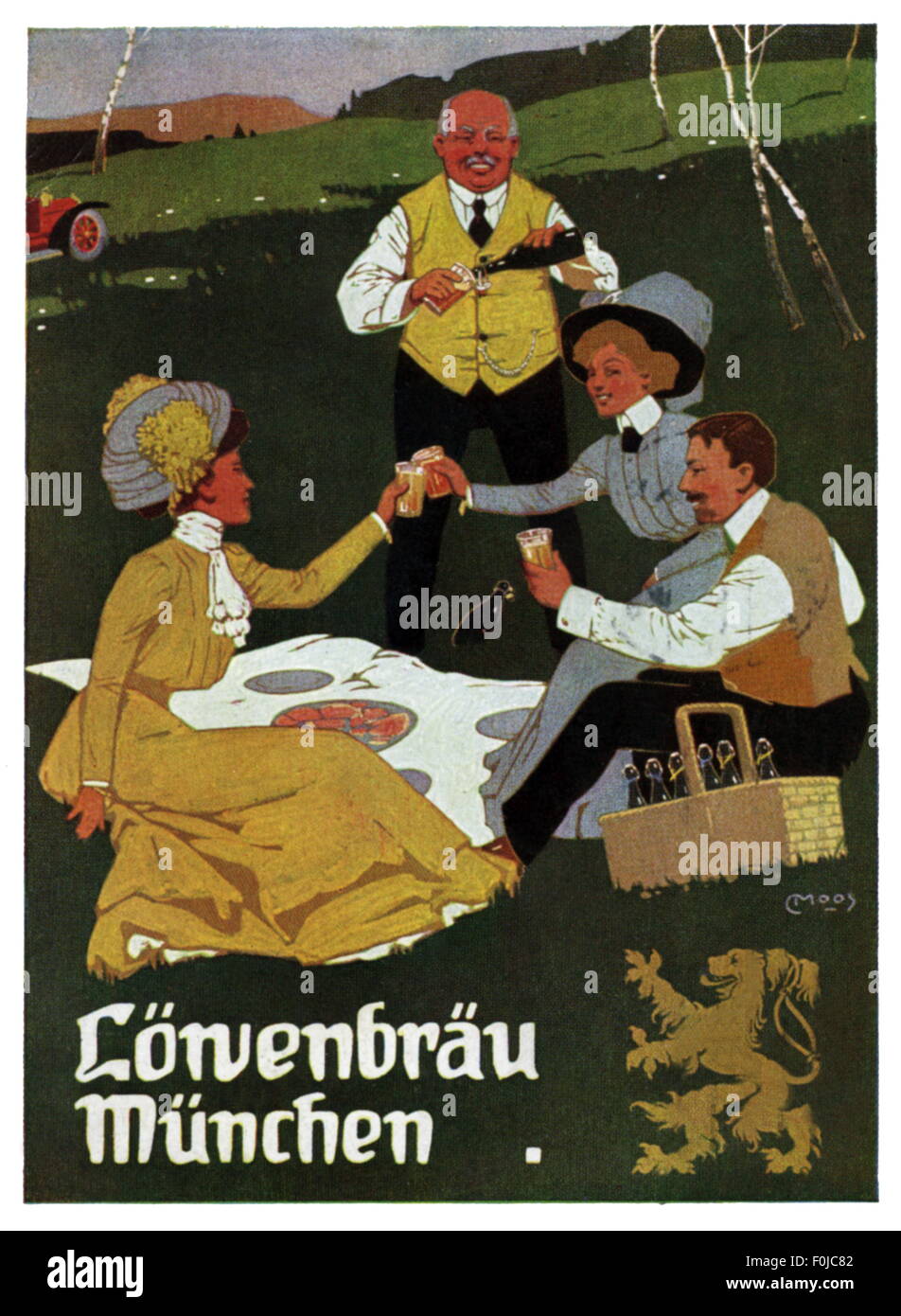 gastronomy, picnic, group having a toast with beer at picnic, picture postcard, Löwenbräu Brewery, design: Carl Moos (1878 - 1959), Munich, circa 1912, Additional-Rights-Clearences-Not Available Stock Photo