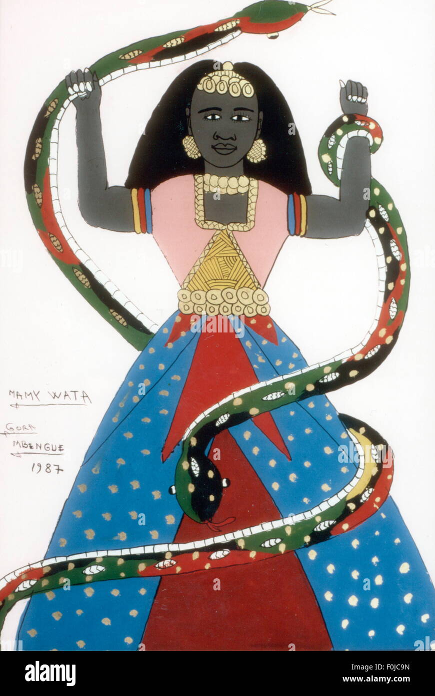 literature, legend, West Africa, water spirit Mami Wata, reverse painting on glass by Gora M'Bengue (1931 - 1988), Dakar, 1987, Additional-Rights-Clearences-Not Available Stock Photo