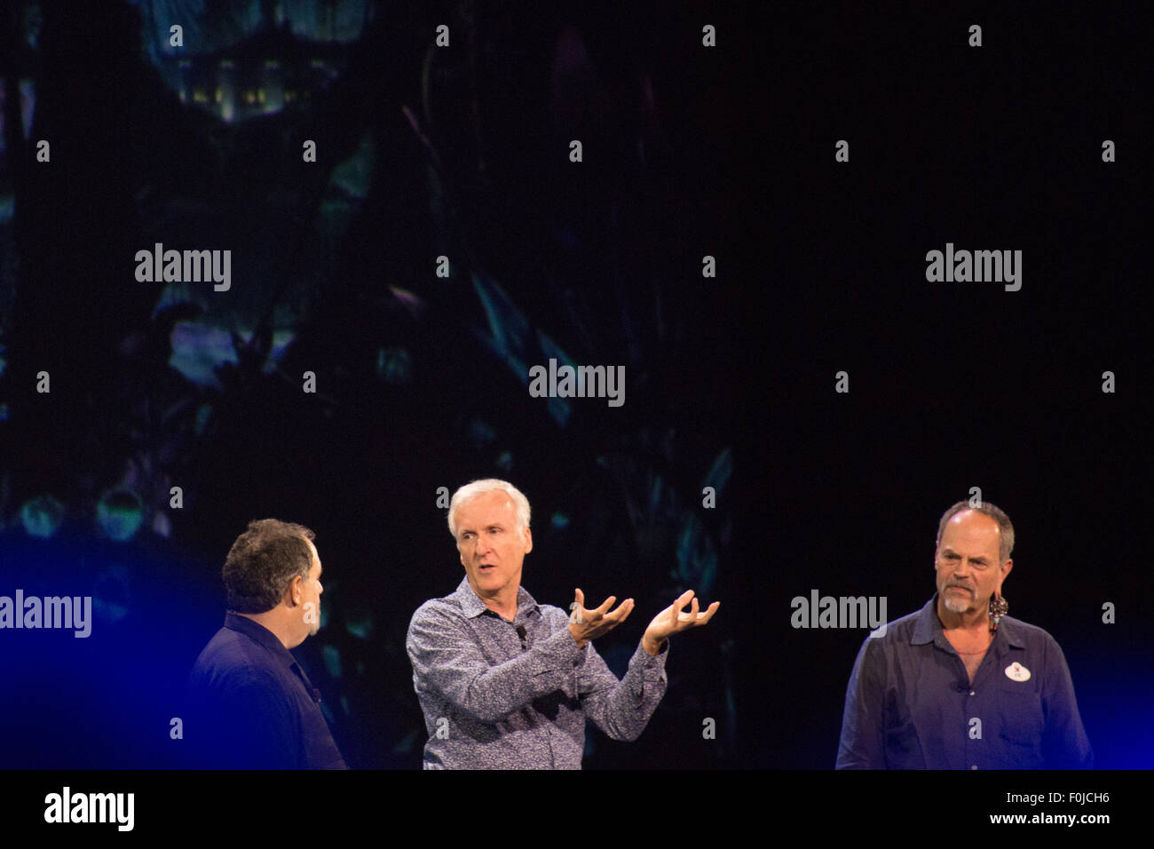 Anaheim, California, USA. 15th Aug, 2015. Producer Jon Landau and director James Cameron join Imagineer Joe Rohde to talk about the new “Avatar” themed land called Pandora being constructed at Disney's Animal Kingdom in Florida at the Disney D23 Expo in Anaheim, CA, USA, August 15, 2015. Credit:  Kayte Deioma/Alamy Live News Stock Photo