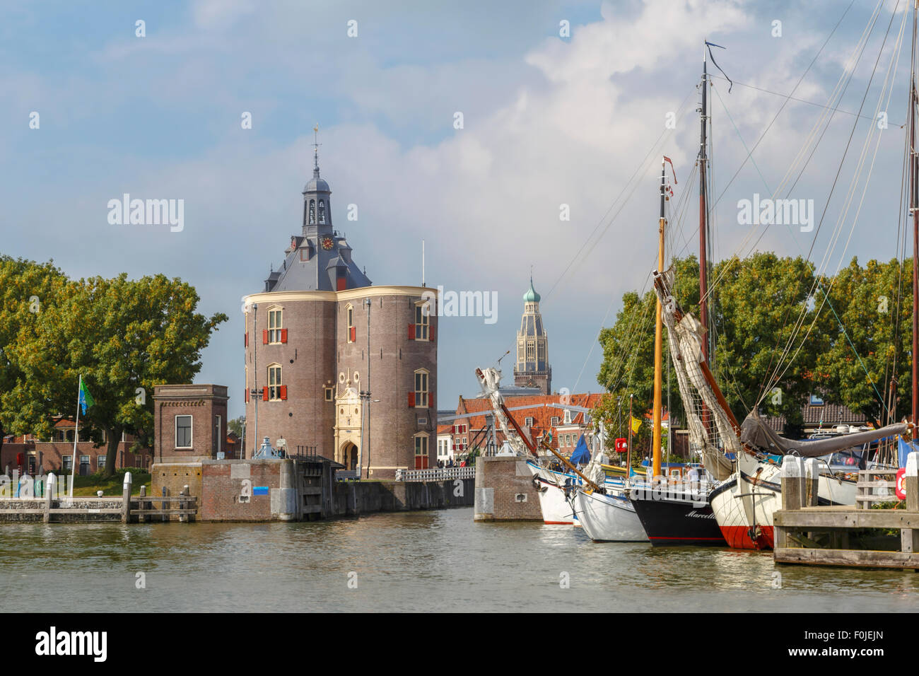 Enkhuizen, North Holland, The Netherlands: View on the harbor tower 'Dromedary'' or in Dutch 'Dromedaris from the IJsselmeer. Stock Photo