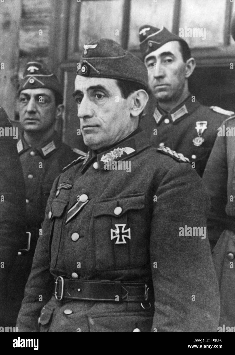 The Commander of the Spanish 'Blue Division', Agustin Munoz Grandes (left) was awarded with the Iron Cross 1st Class. During the Second World War, he fought at the German Eastern front. Stock Photo