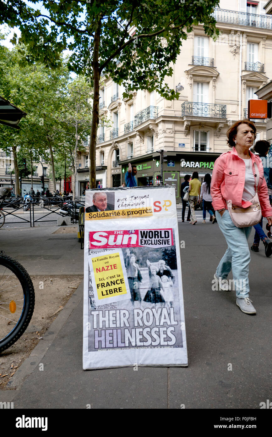 The Sun newspaper Royal Family Hitler salute front page on display in Paris, France. Stock Photo