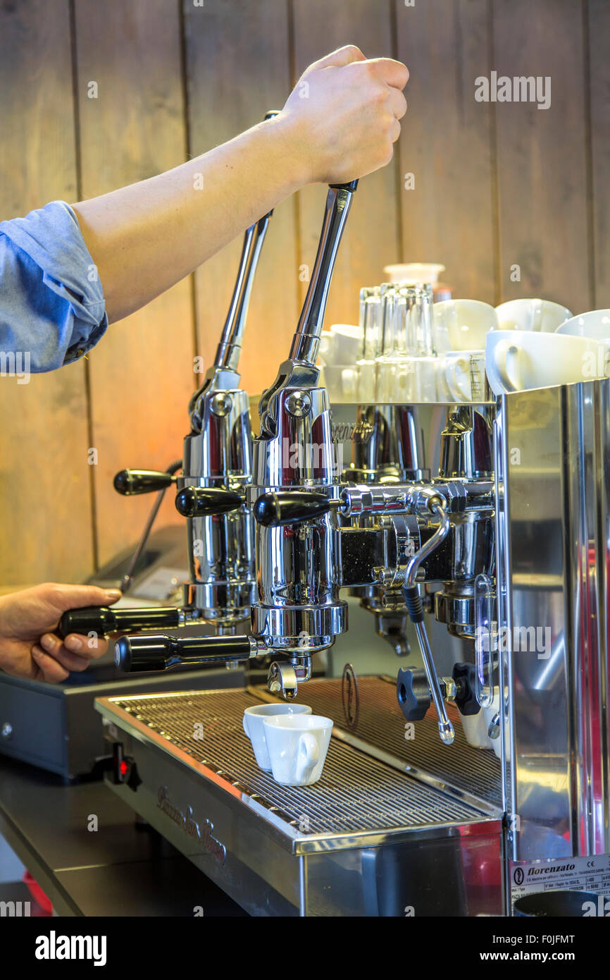 Espresso coffee making, machine Stock Photo Alamy