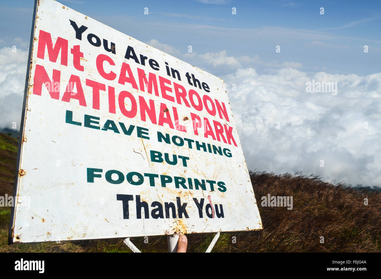 Sign on the ascent of Mount Cameroon (Mount Fako), the highest summit of West Africa Stock Photo