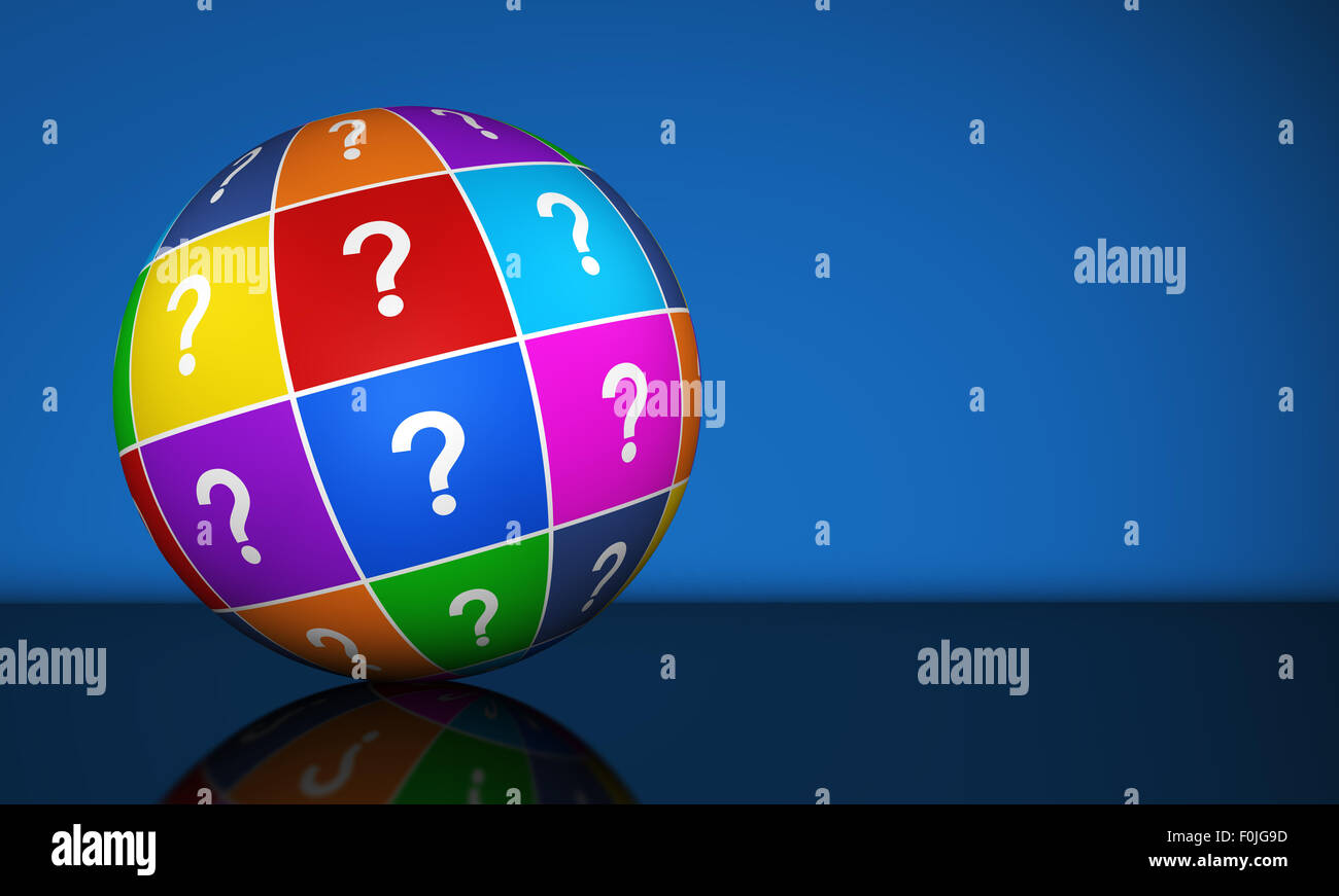 Question mark symbol and icon on a colorful globe conceptual 3d illustration for web and online business on blue background. Stock Photo