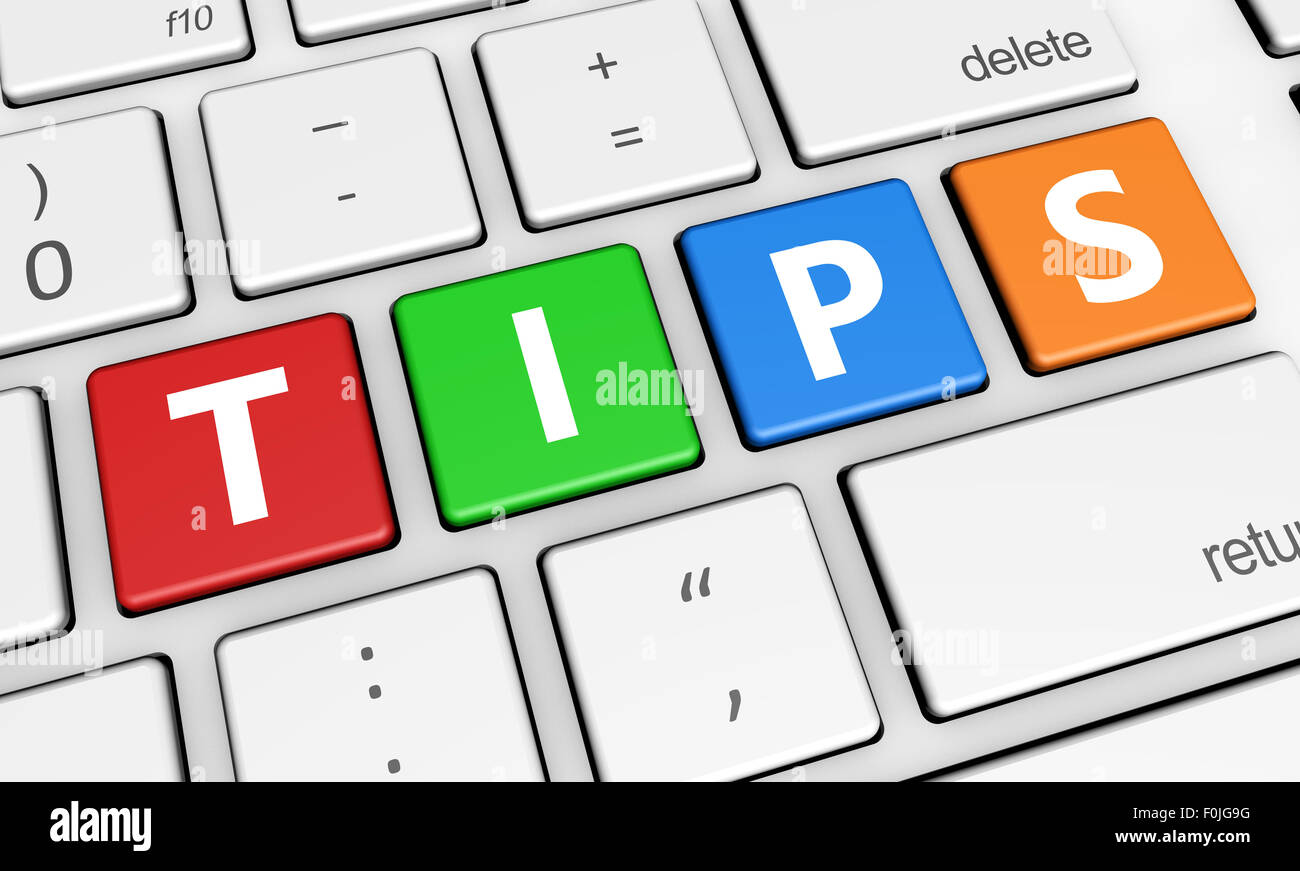Tips and tricks concept with tips sign and letters on a colorful computer keyboard 3d illustration for blog and online business. Stock Photo