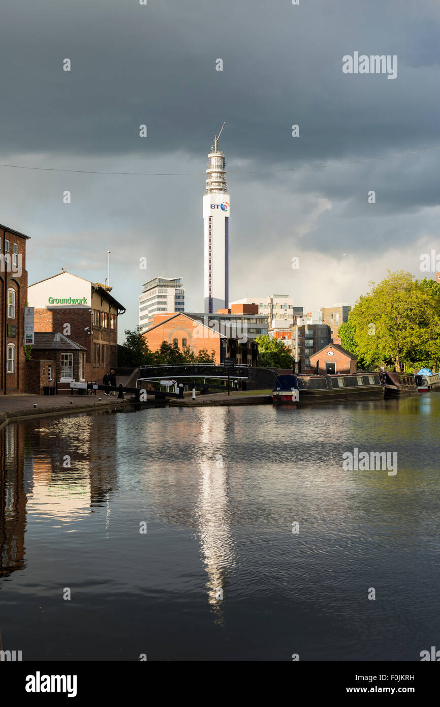 The Post Office Tower reflected in Birmingham's Old Line Canal in