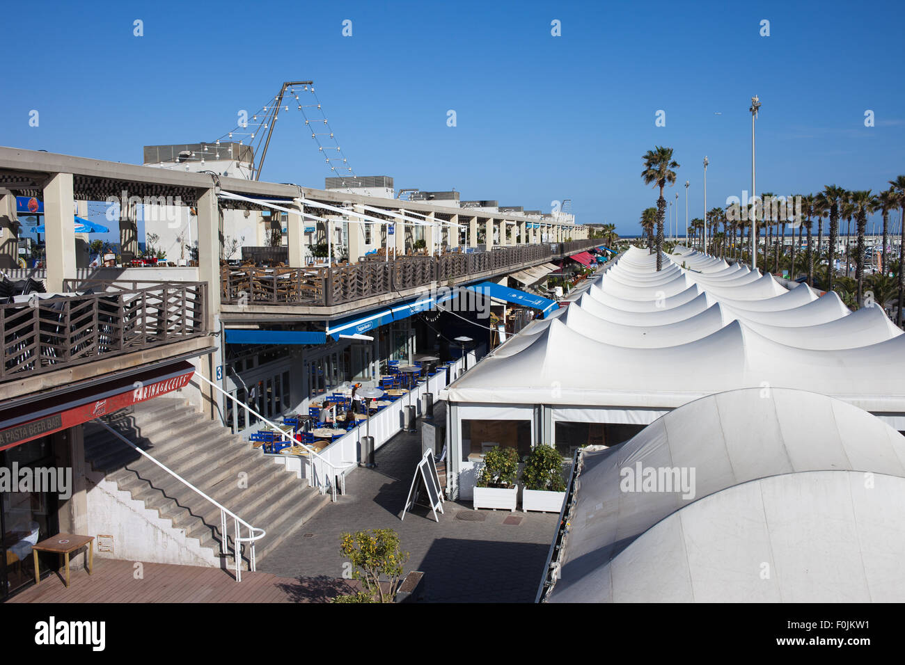 Barcelona, Catalonia, Spain, restaurants, bars and cafes at Port Olimpic Stock Photo