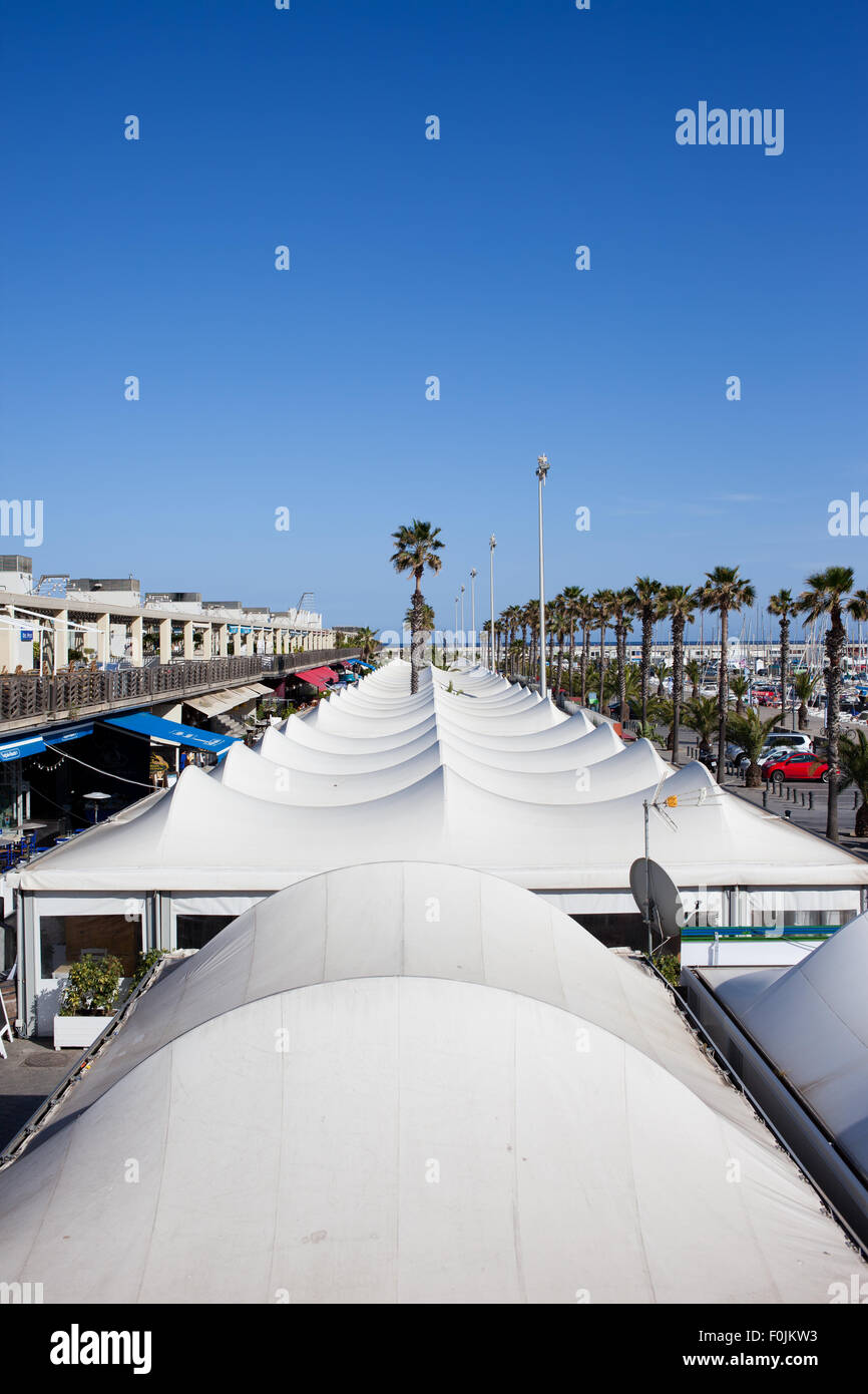 Barcelona, Catalonia, Spain, view over roofs of restaurants, bars and cafes at Port Olimpic Stock Photo
