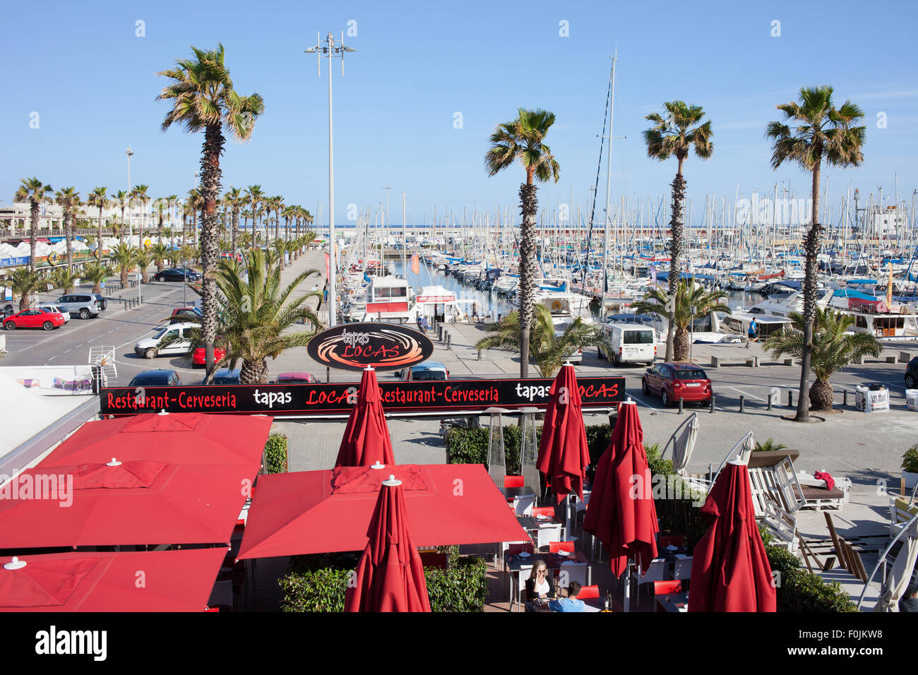 Barcelona, Catalonia, Spain, view over Tapas Locas restaurant and Port Olimpic marina Stock Photo