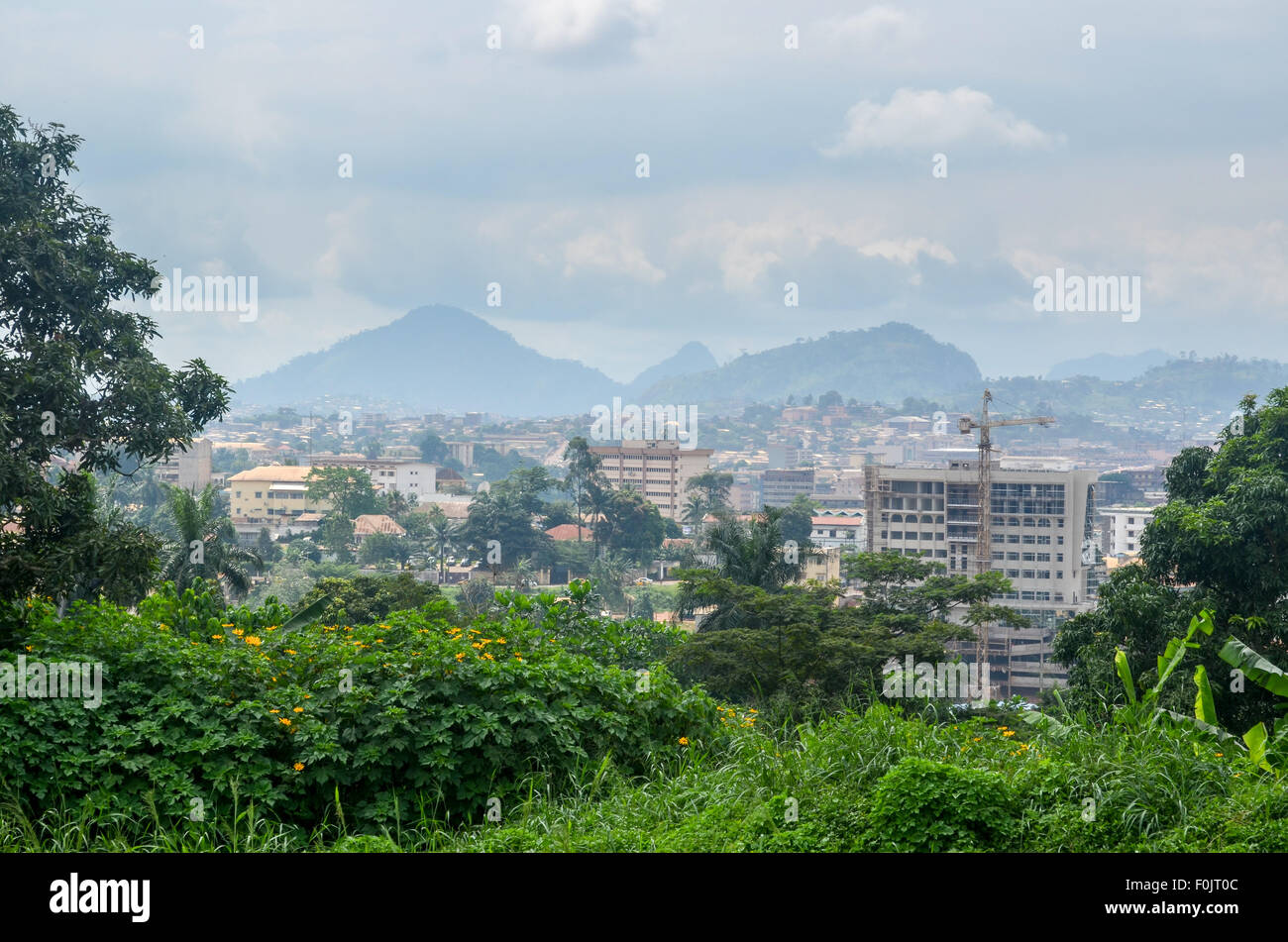 Aerial view of Yaoundé, capital city of Cameroon, called the city of the seven hills Stock Photo