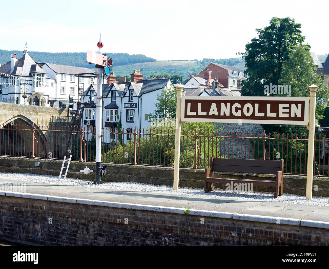 Llangollen railway station sign with view towards the town centre, Denbighshire Wales UK Stock Photo