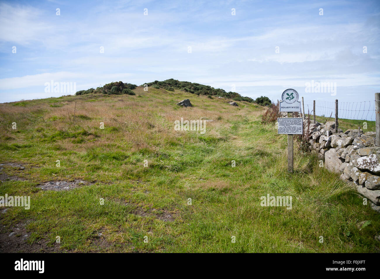National Trust signage at Penarfynydd, Rhiw, Aberdaron, Pen Llyn on a sunny summer day with blue cloud streaked sky Stock Photo