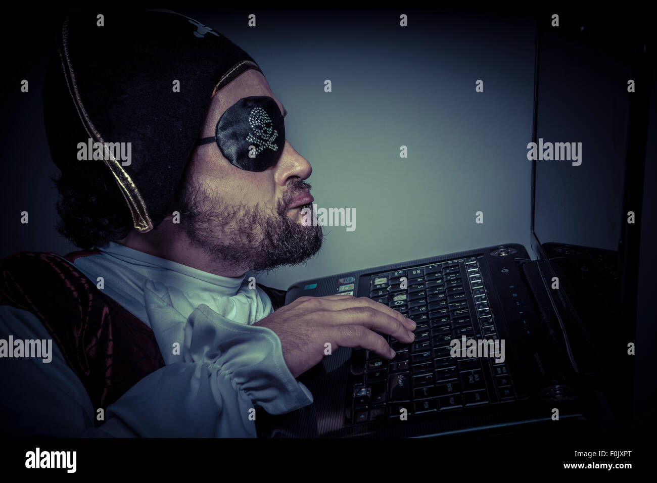 Violation, computer security, hacker pirate dress with hat and skull