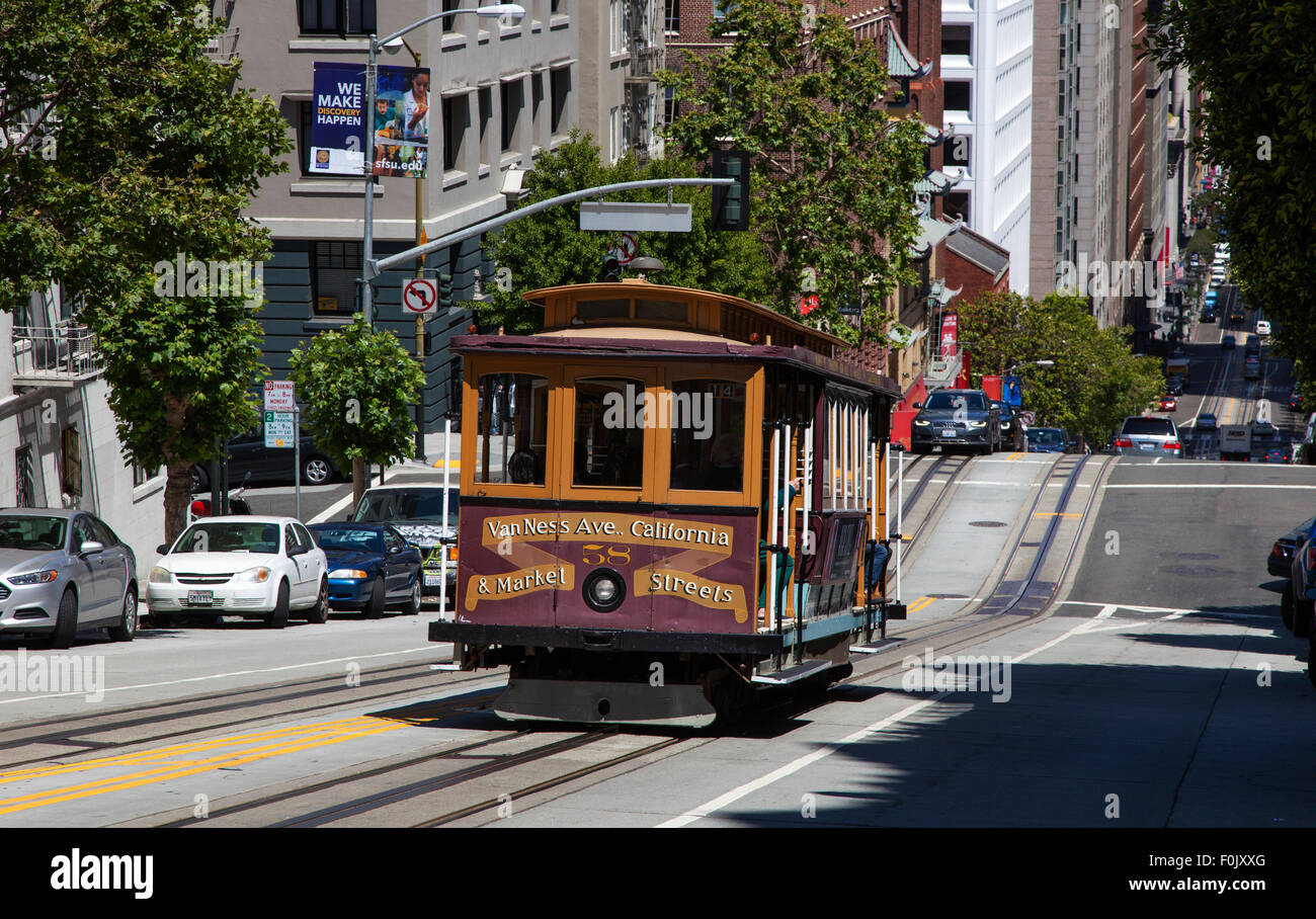 A Cable Car Going down Powell Street in Downtown San Francisco, USA Stock Photo