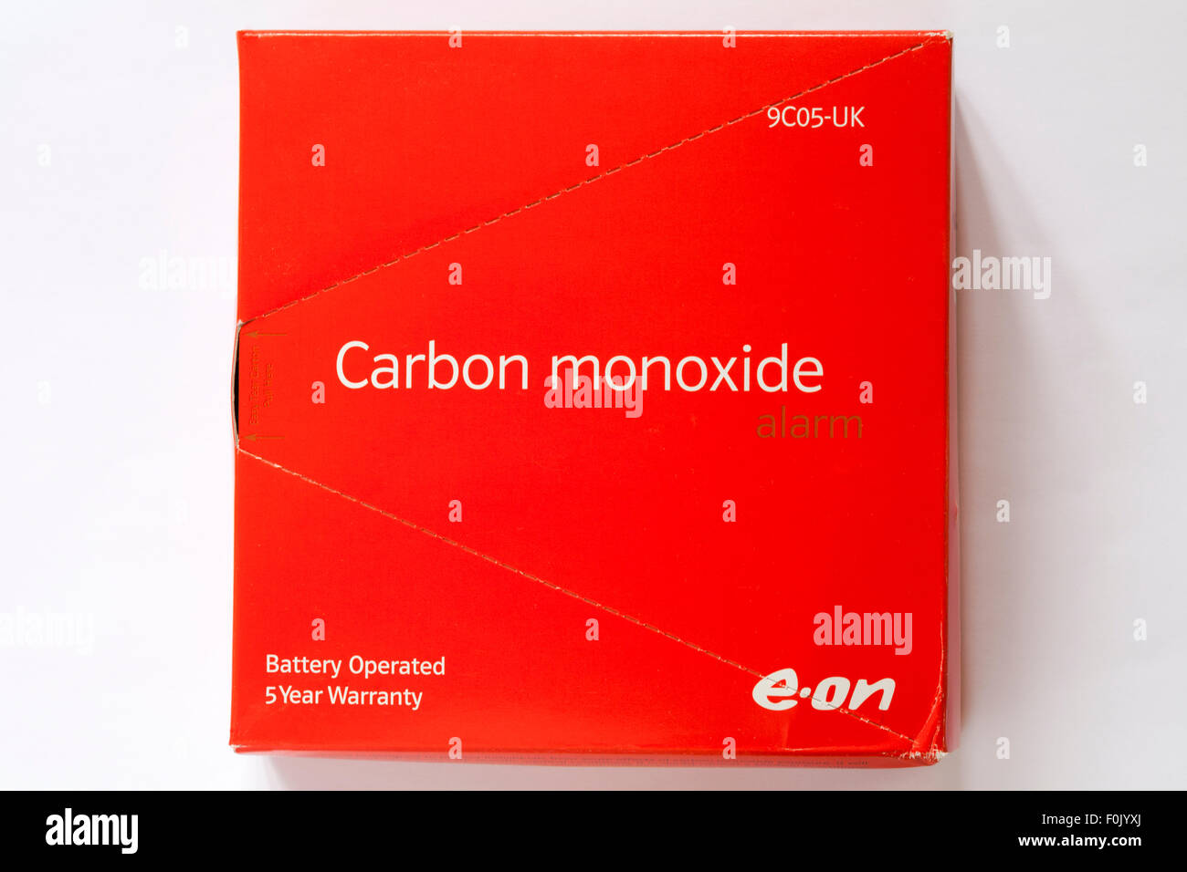 e-on Carbon monoxide alarm detector box isolated on white background Stock Photo