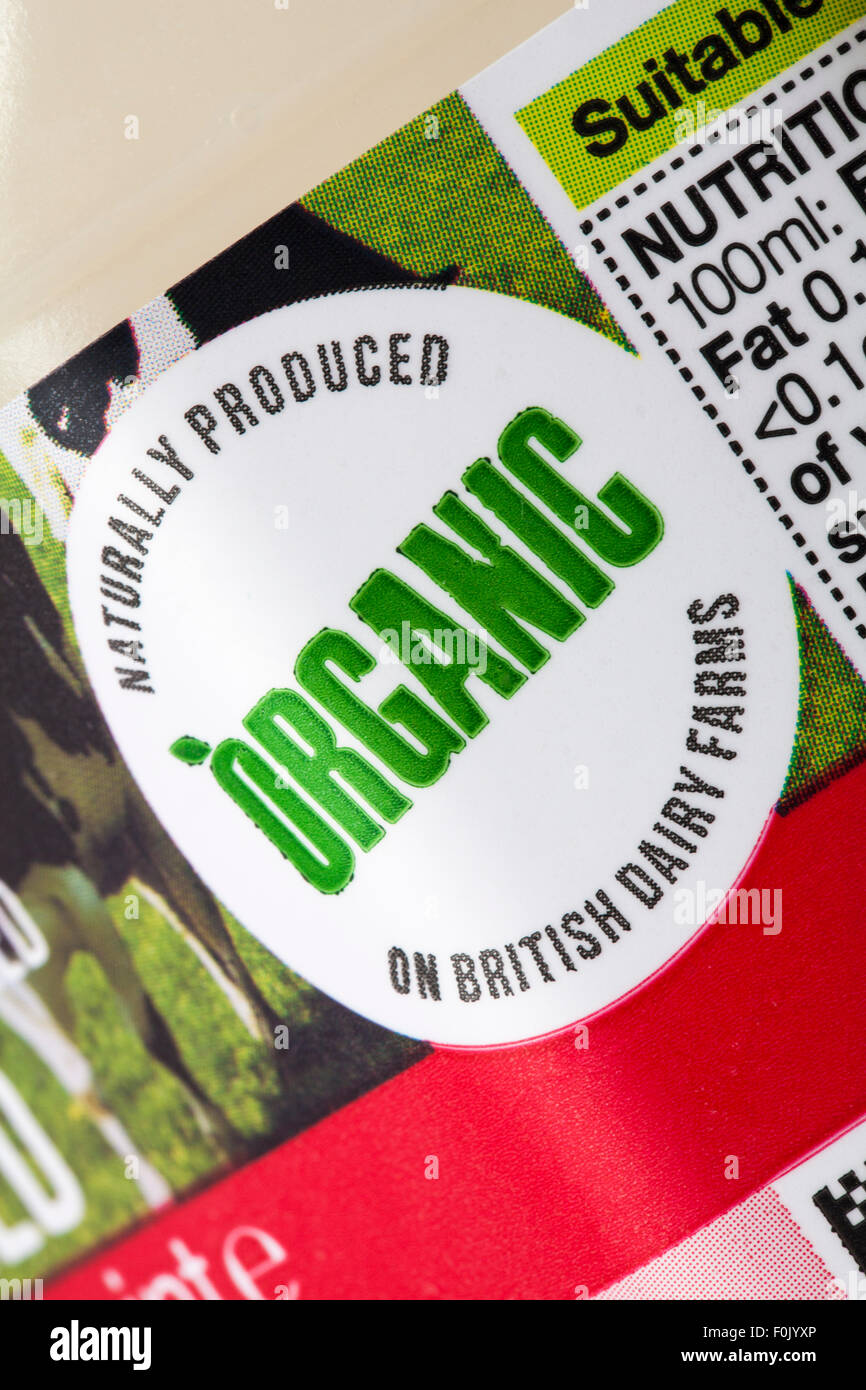 Organic naturally produced on British Dairy Farms - label on 1 pint of Marks & Spencer British Farm Assured skimmed milk Stock Photo