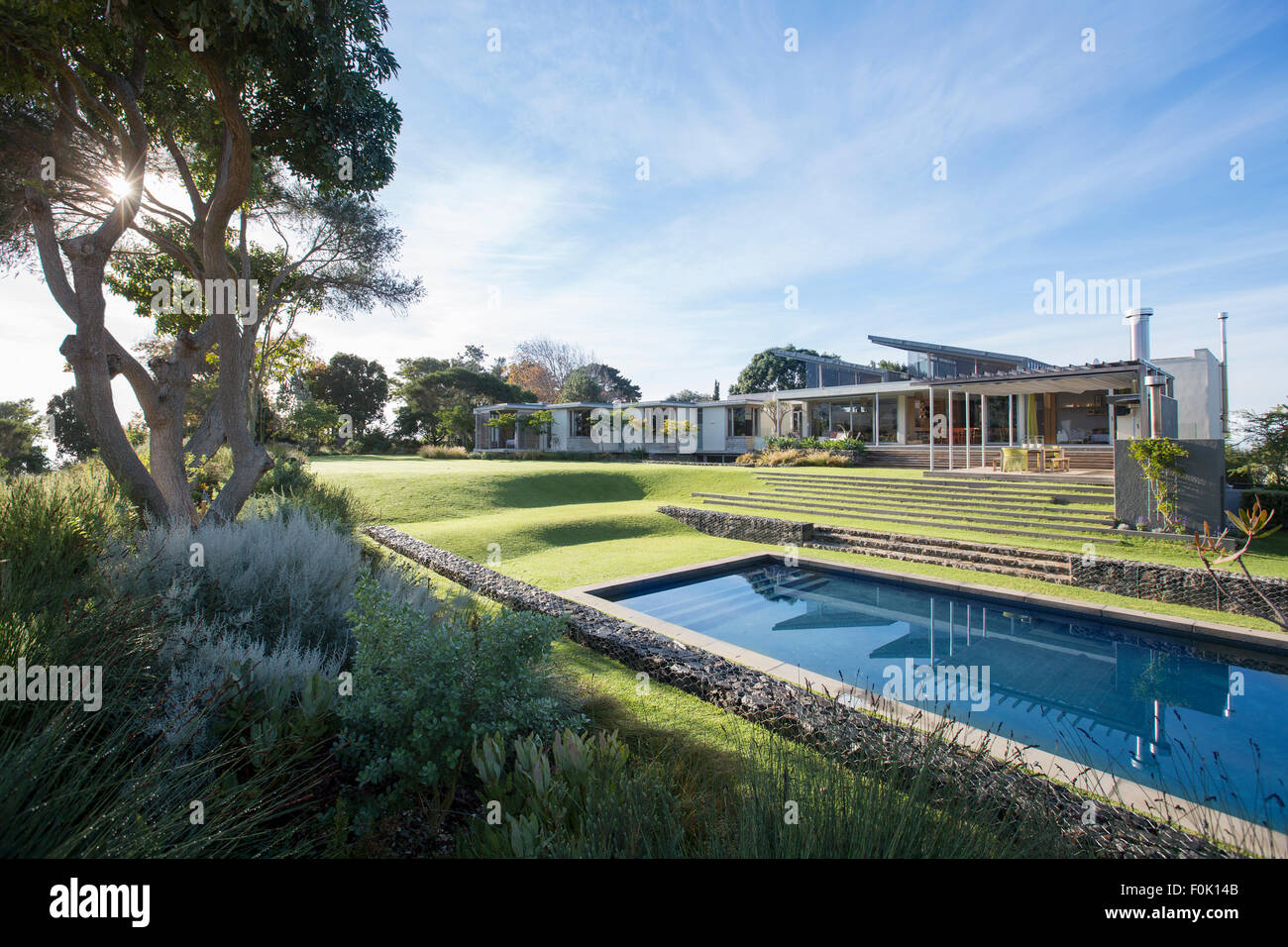 Luxury modern house, yard and swimming pool Stock Photo