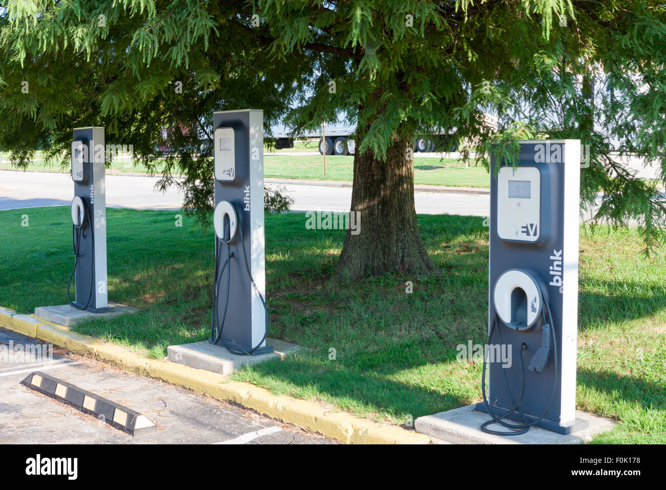 Blink EV charging stations sit idle waiting for the next electric vehicle to be charged. Stock Photo