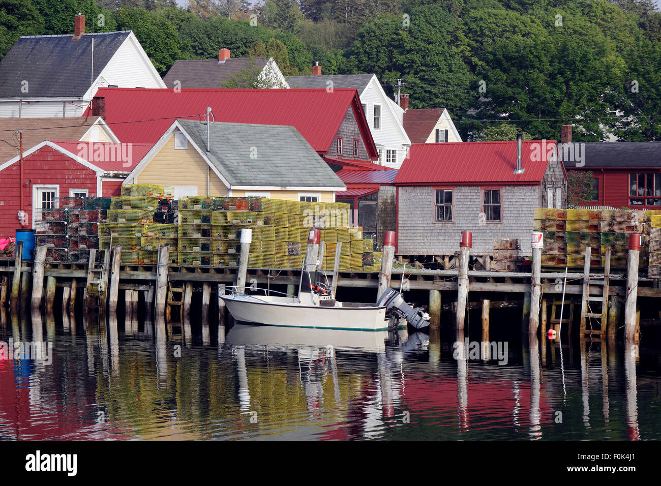 Lobster docks with sheds Vinalhaven Island Maine New England USA Stock