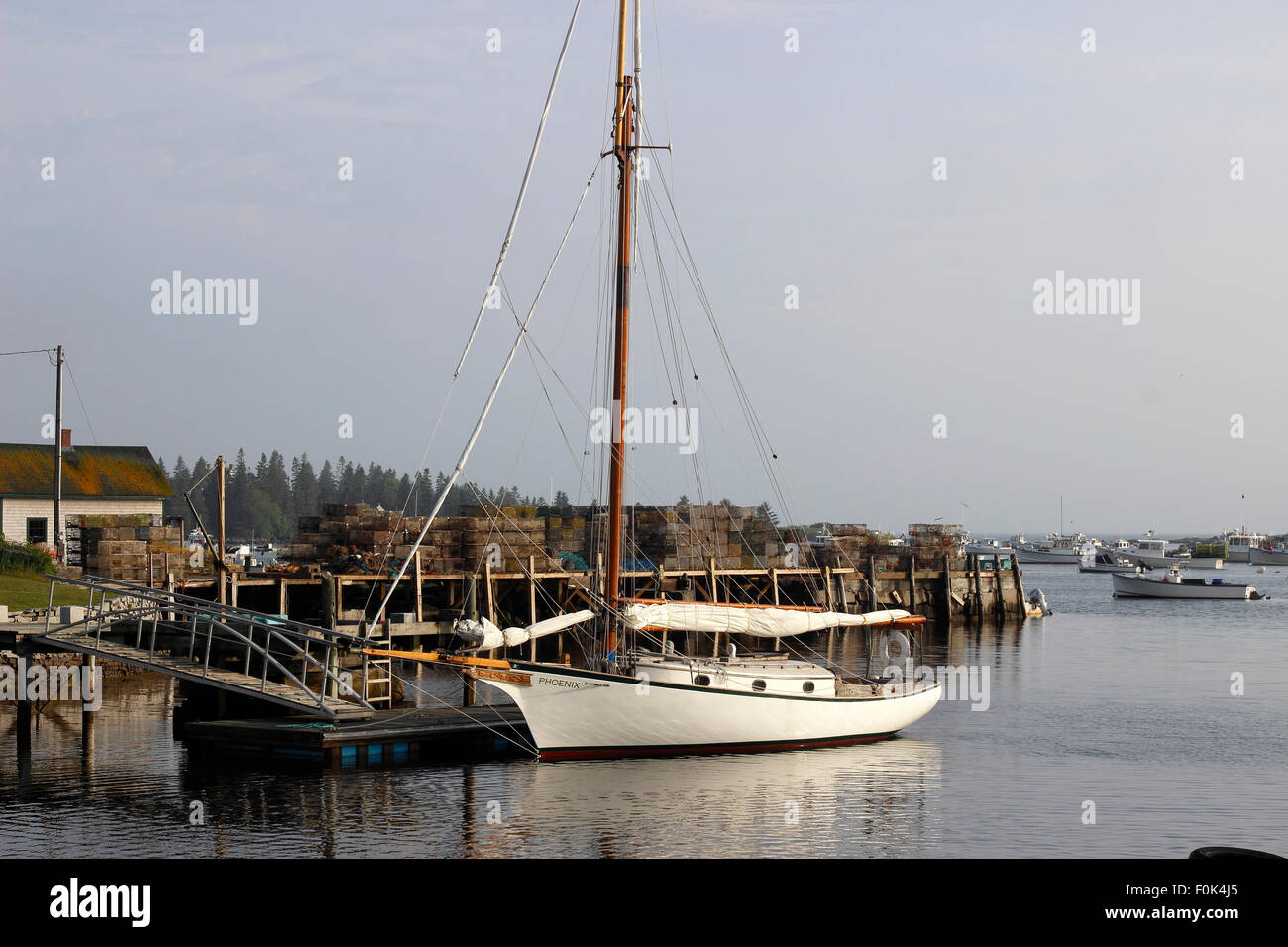 Lobster docks with sheds Vinalhaven Island Maine New England USA Stock